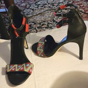 Mia Rama Boho Double Strap Stiletto Heel Sandals Shoe Back Zip Vegan Sz 8.5M